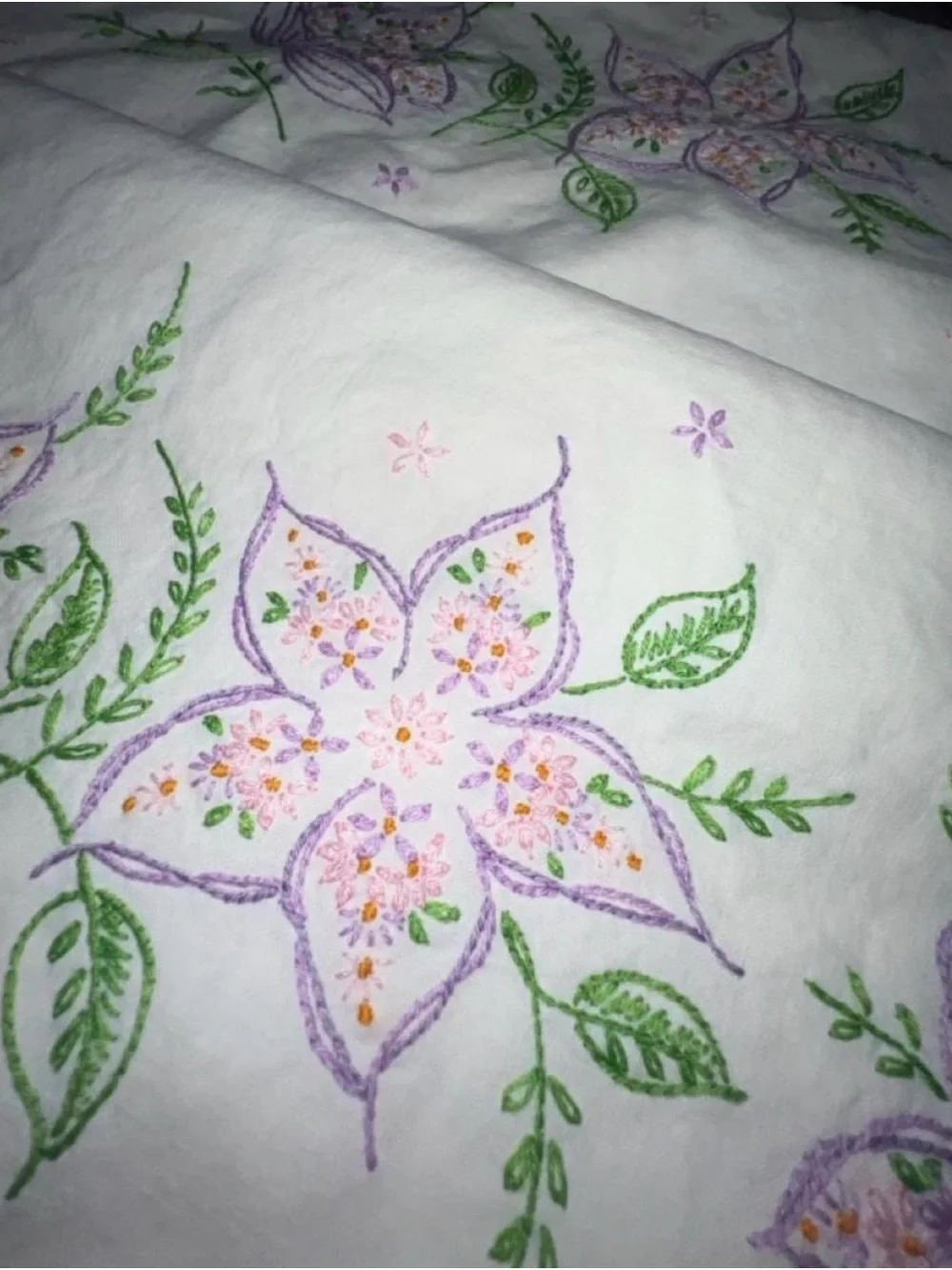 Vintage Embroidered Floral Pillowcase Pair in Lavender and White